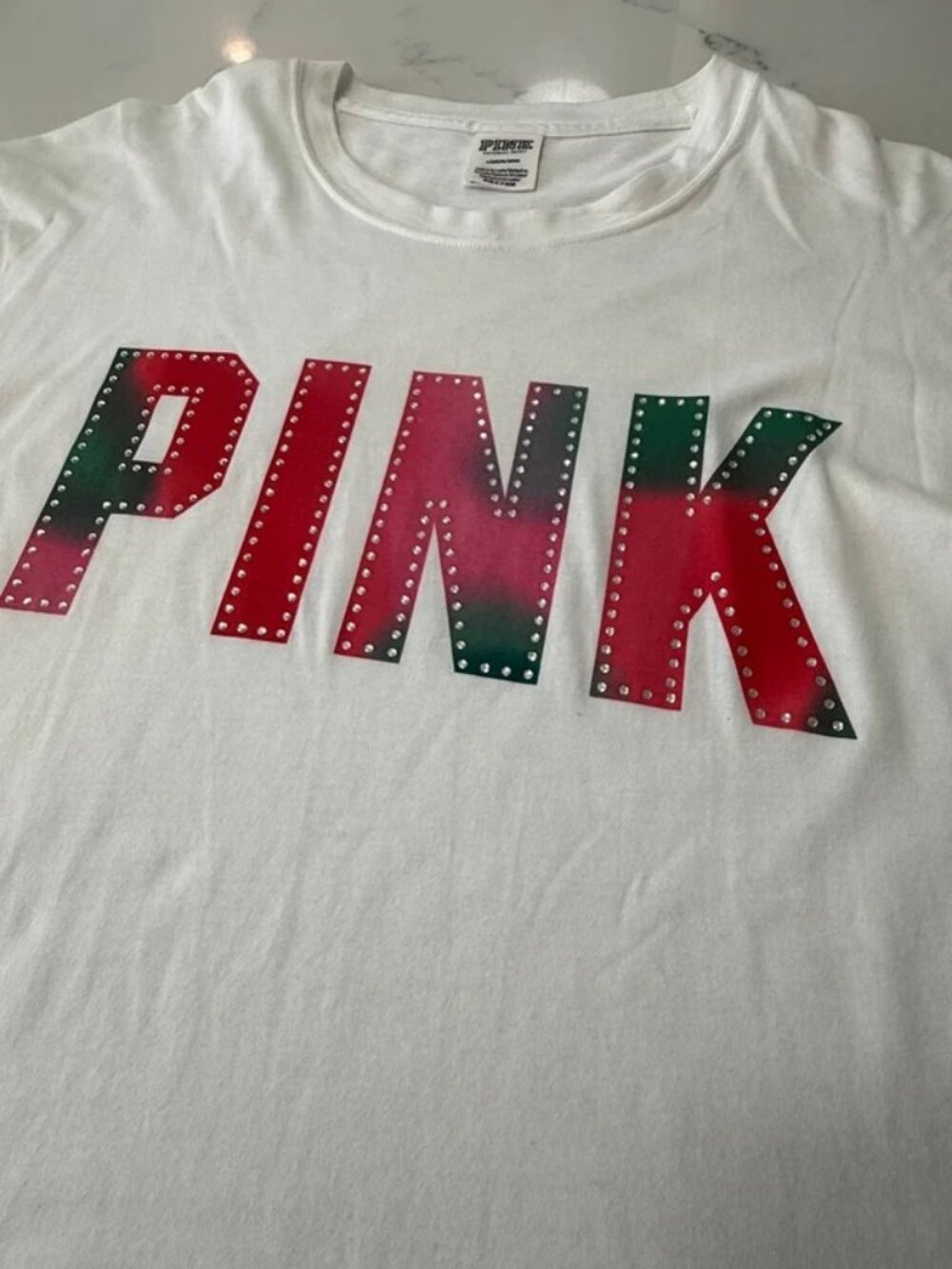 Victoria's Secret PINK White Tie Dye Bling Long Sleeve Shirt Womens L